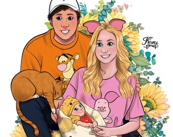 Original family portrait, custom family drawing, cats and family, anniversary gift, birthday gift, family caricature,gift for mom, gift