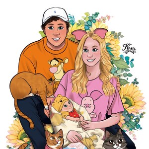 Retrato original de familia,4 miembros,dibujo familiar personalizado, regalo de cumpleaños, caricatura familiar,regalo para mamá,aniversario