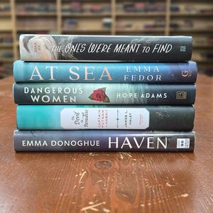 May include: A stack of five hardcover books with spines facing forward. The titles include The Ones We're Meant to Find, At Sea, Dangerous Women, The Devil in Paradise, and Haven. The book covers feature various blue, green, and dark tones.