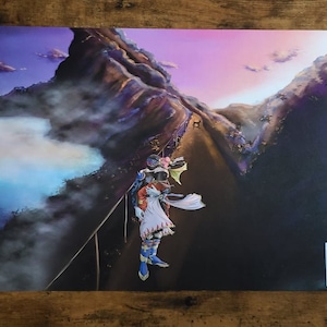 May include: A digital painting of three figures walking up a mountain path. The figures are wearing colorful clothing and are surrounded by fog and clouds. The sky is a vibrant purple and pink, with a hint of orange in the distance. The painting is signed "KAT 21" in the bottom right corner.