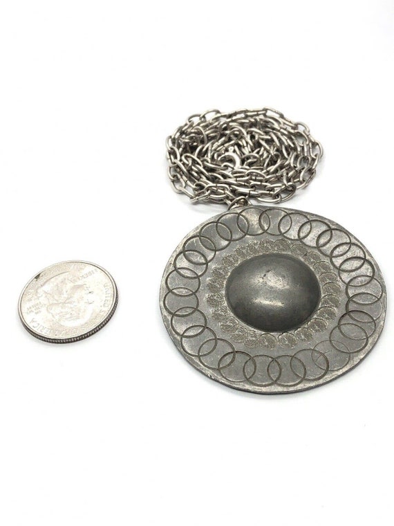 Vintage Necklace 32” Modernist Pendant Pewter - image 2