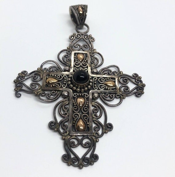 HUGE 18k Gold Sterling Silver Cross Pendant Onyx … - image 2