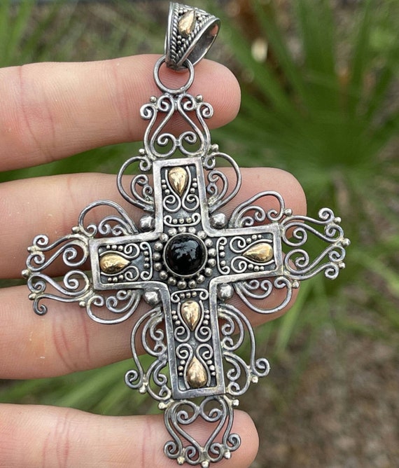 HUGE 18k Gold Sterling Silver Cross Pendant Onyx … - image 6