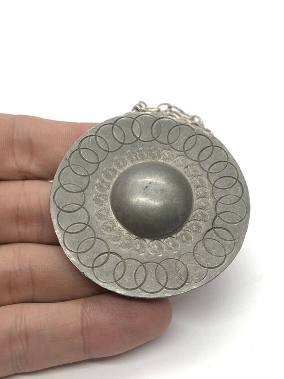 Vintage Necklace 32” Modernist Pendant Pewter - image 3