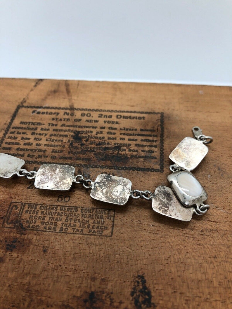 Vintage 925 sterling silver abalone shell panel link bracelet 8\u201d handmade artisan mexico