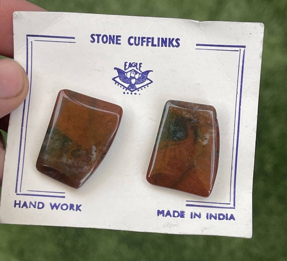 Vintage Cuff Links India Agate Eagle Handmade Sto… - image 1