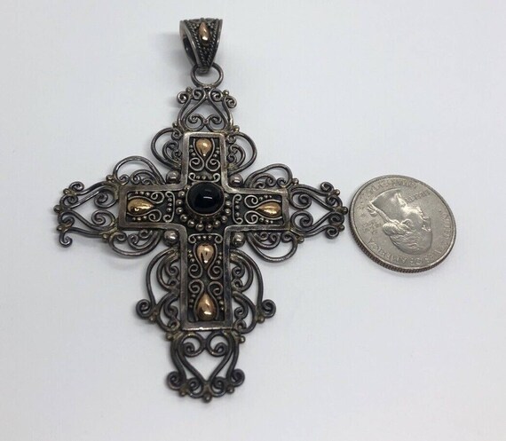 HUGE 18k Gold Sterling Silver Cross Pendant Onyx … - image 3