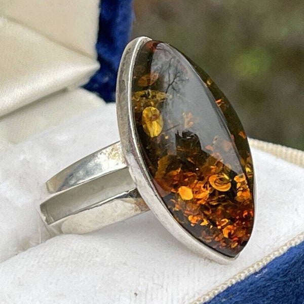 Valerio Vintage Sterling Silver 925 Amber Ring Signed v8 Modernist Size 9 Poland