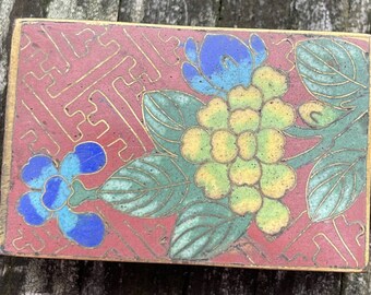 Cloisonné Match Box Holder Cover Floral Design Cuivre Fond Rouge vintage