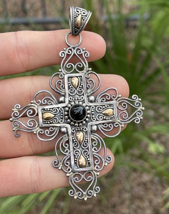 HUGE 18k Gold Sterling Silver Cross Pendant Onyx … - image 7