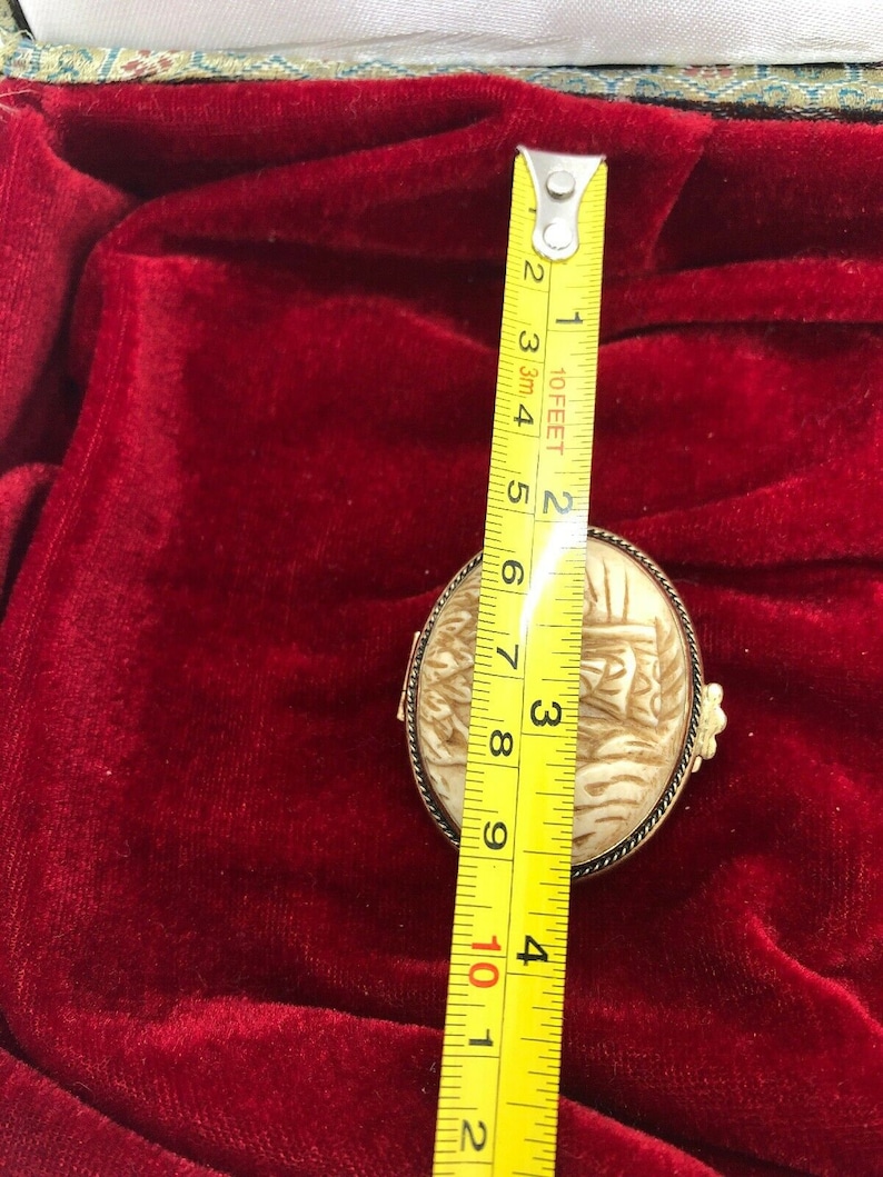 Vintage Trinket Box Hong Kong Gold Tone Carved Man Holding Staff Woods