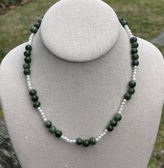 Vintage Estate Necklace 17” Jade Faux Pearl Toggl… - image 1