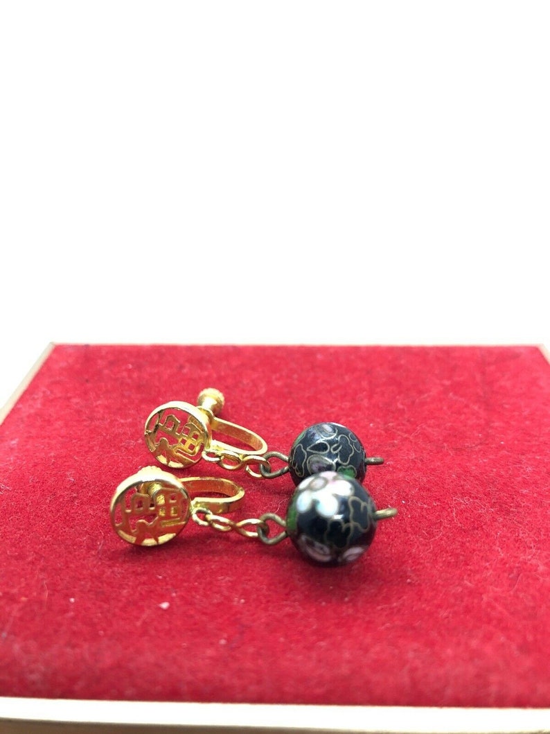 cloisonne vintage chinese enamel bead drop screw back gold tone fashion costume ethnic floral