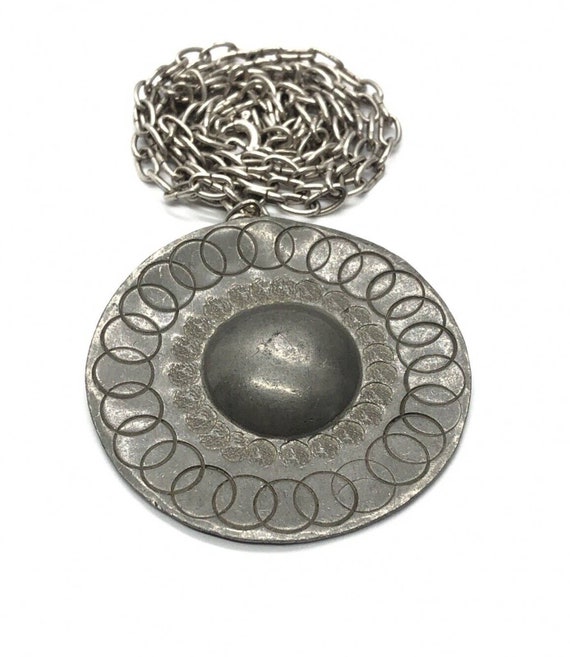 Vintage Necklace 32” Modernist Pendant Pewter - image 1