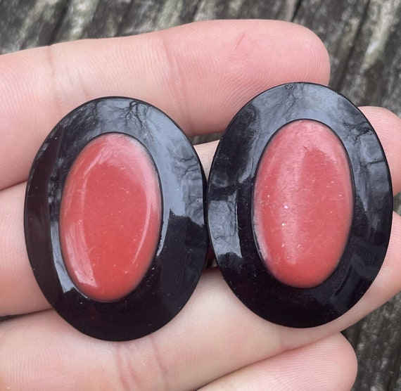 Vintage Estate Earrings Black Red Pink Enamel Hoo… - image 1