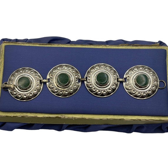 Vintage Bracelet Estate Silver Tone 7” Green Round