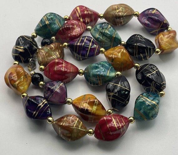 Vintage Necklace Hand Painted Beads Statement 30” - image 7