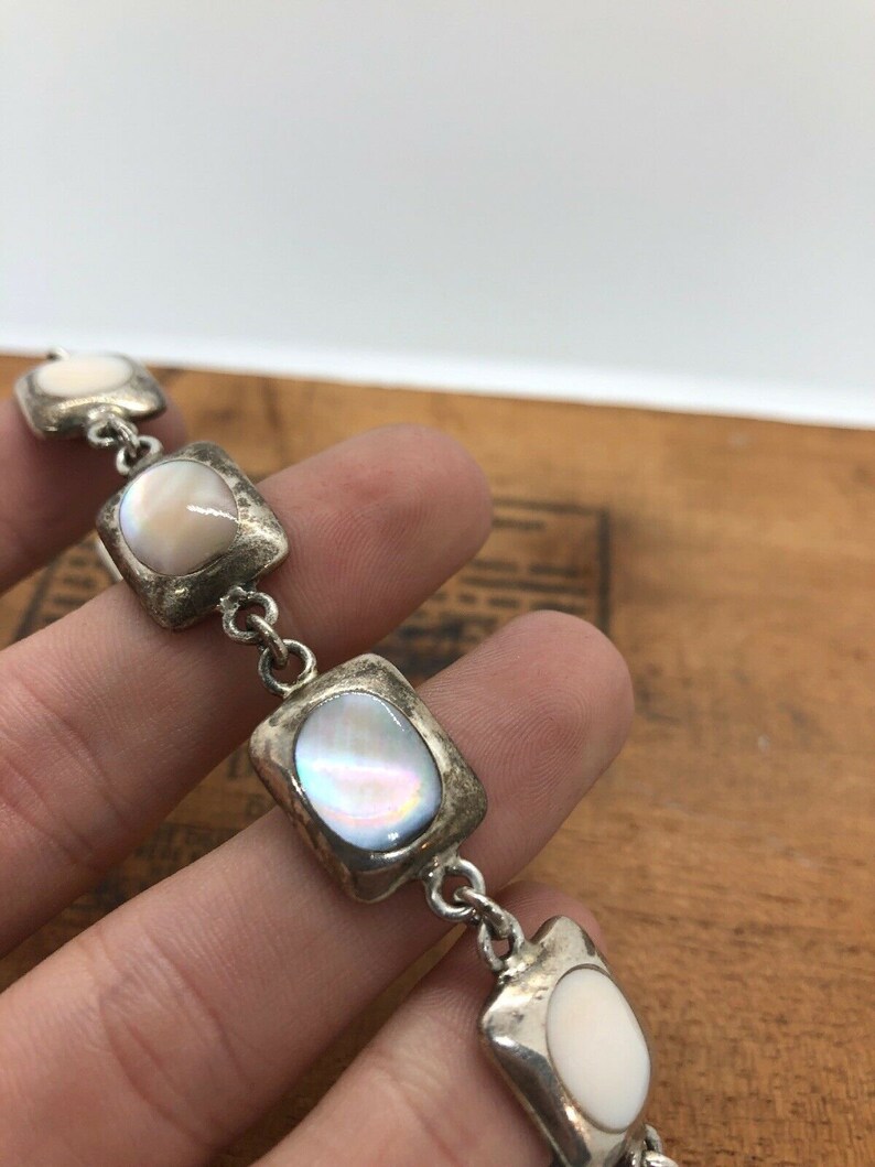 Vintage 925 sterling silver abalone shell panel link bracelet 8\u201d handmade artisan mexico