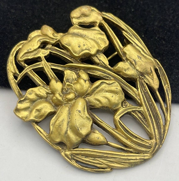 Vintage Brooch Pin brass signed HNC Art nouveau s… - image 2