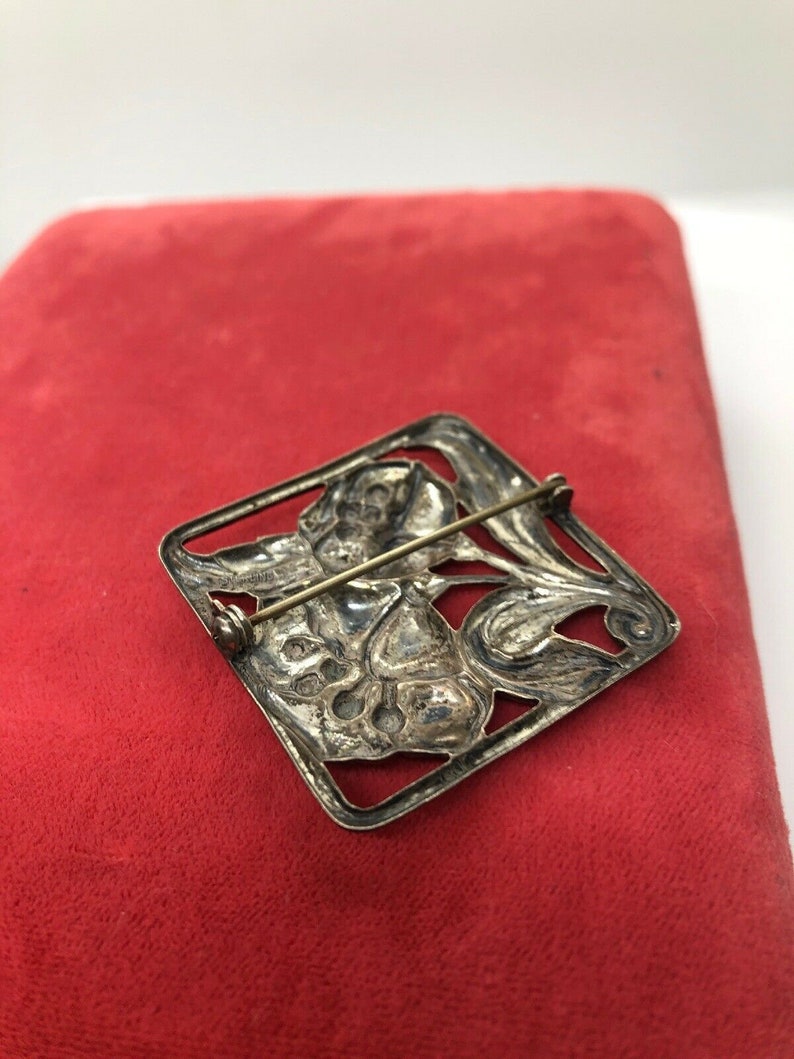 Vintage Sterling Silver Brooch Pin 925 Flower Art Nouveau Rectangle estate jewelry