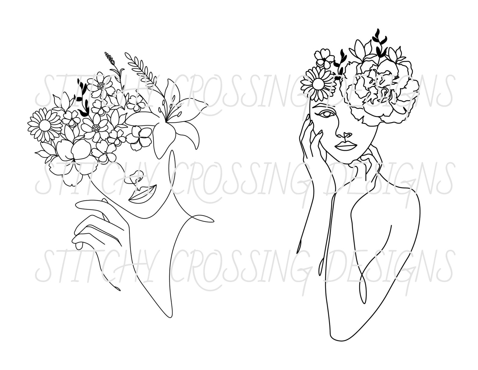 Set of 2 Head of Flowers Line Art Prints for Download Modern Etsy