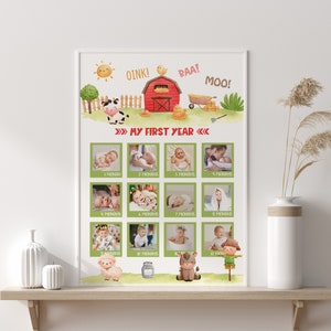 Decoração de primeiro aniversário do bebê, pôster personalizado de primeiro aniversário com fotos, decoração de aniversário de animais de fazenda, 12 meses