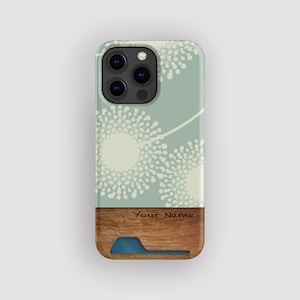 Estuche para tarjetas con diseño de diente de león verde Dandy / Estuche retro para guardar tarjetas / Compatible con iPhone 16, 15 Pro Max, 14, 13 Mini, Samsung Galaxy S22, S21 Plus