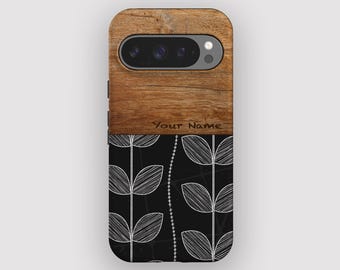 Capa minimalista moderna com estampa de folha preta para Google Pixel, Apple iPhone e Samsung Galaxy.