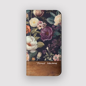 Funda billetera vintage con estampado floral blanco / Funda tipo libro de piel vegana con estampado floral / Compatible con iPhone 16, 15, 14 y 13, y Samsung Galaxy S25, S24, S23 y S22