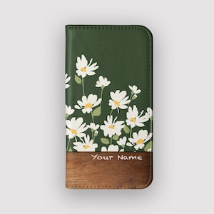Funda tipo cartera con diseño floral de margaritas / Funda protectora tipo folio con margaritas / Compatible con iPhone 16, 15, 14 y 13, y Samsung Galaxy S25, S24, S23 y S22