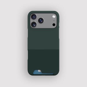 Może przedstawiać: Ciemnozielone etui na telefon z dwutonowym designem. Górna część mieści obiektywy aparatu, a dolna część ma gniazdo na kartę. Etui jest przeznaczone do smartfona i zapewnia ochronę i funkcjonalność.