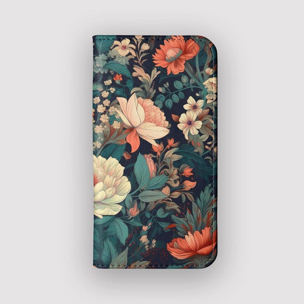 テーブルブルームズ グリーンフローラルウォレットフォンケース Samsung S26、S25、S24、iPhone 17用