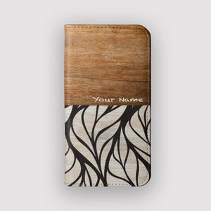 Funda tipo cartera botánica de madera común / Funda tipo libro de piel vegana con diseño de hojas / Compatible con iPhone 16, 15, 14 y 13, y Samsung Galaxy S25, S24, S23 y S22