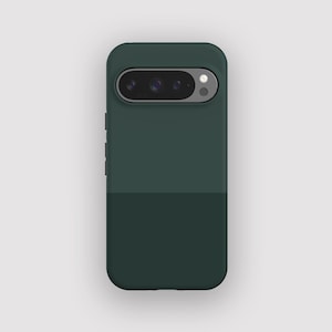 May include: A dark green phone case with a two-tone design. The top section features the camera and flash, while the lower section is a darker shade of green. The case has rounded edges and side buttons, designed for a smartphone.