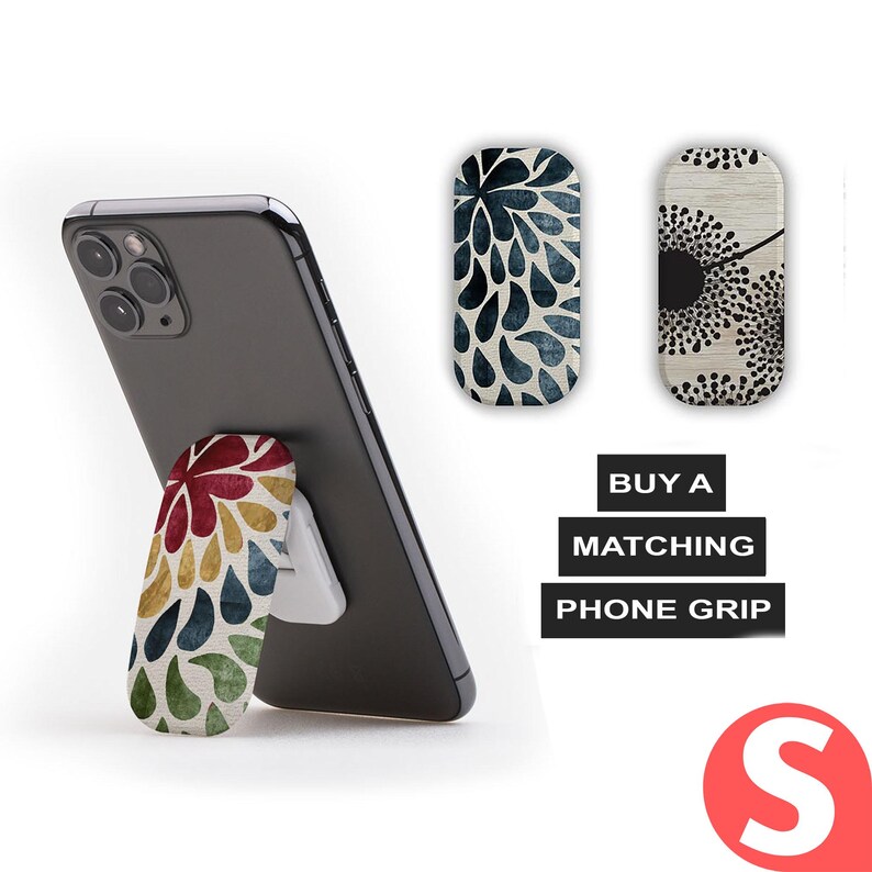 a smartphone with a colorful phone grip attached to it, along with two additional phone grip designs.