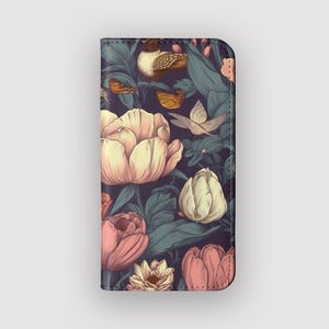 Funda tipo cartera con diseño floral vintage ruborizado / Funda protectora tipo folio con flores / Compatible con iPhone 16, 15, 14, 13 y Samsung Galaxy S25, S24, S23 y S22