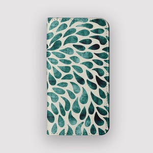Teal Dusche Blütenblatt Brieftasche | Ink Drop Vegan Leder-Folio Hülle | Passend für iPhone 16, 15, 14, 13, Samsung Galaxy S25, S24, S23, S22