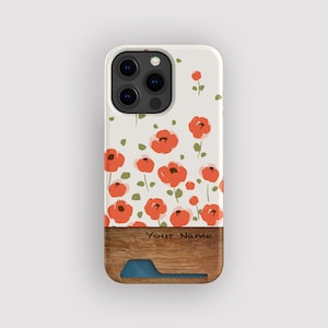Capa porta-cartões com estampa floral de papoulas selvagens | Capa Poppy Slim | Compatível com iPhone 16, 15 Pro Max, 14, 13 Mini, Samsung Galaxy S22, S21 Plus