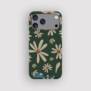 Funda tarjetero con estampado floral de margaritas verdes para iPhone 17, 16, 15, 14