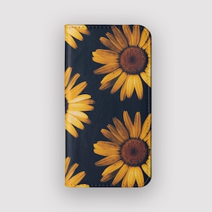 Nacht Sonnenblume Floral Brieftasche Hülle | Daisy Kartenaufbewahrung Folio Case | Passend für iPhone 16, 15, 14, 13, Samsung Galaxy S25, S24, S23, S22