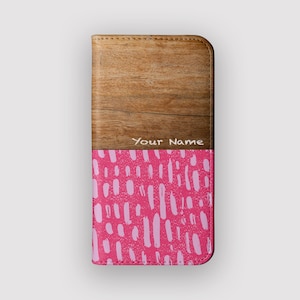 Funda tipo cartera con diseño de puntos y rayas rosas / Funda tipo folio de piel vegana pintada / Compatible con iPhone 16, 15, 14 y 13, y Samsung Galaxy S25, S24, S23 y S22