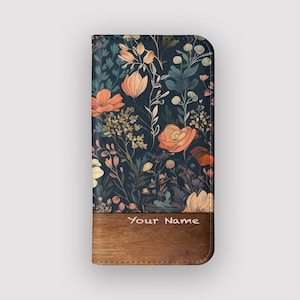 Funda tipo cartera con diseño floral / Funda tipo libro de piel vegana con diseño floral / Compatible con iPhone 16, 15, 14, 13 y Samsung Galaxy S25, S24, S23 y S22