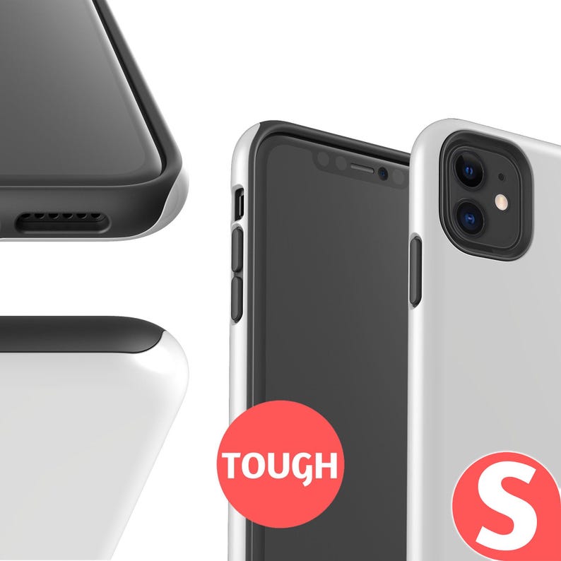 a close-up view of a smartphone with a black and white color scheme. The phone is described as "TOUGH" and "S" in the image.
