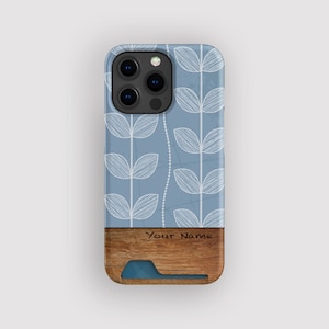 Moderne blauwe botanische kaarthouder | Line Art-opbergdoos voor kaarten | Geschikt voor iPhone 16, 15 Pro Max, 14, 13 Mini, Samsung Galaxy S22, S21 Plus