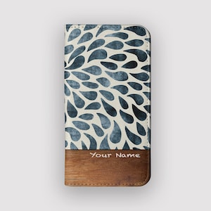 Estuche tipo cartera con diseño de pétalos azules / Estuche tipo folio con tarjetero Ink Drop / Compatible con iPhone 16, 15, 14, 13 y Samsung Galaxy S25, S24, S23 y S22