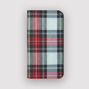 Funda tipo cartera con tartán rojo a cuadros / Funda tipo libro de piel vegana a cuadros / Compatible con iPhone 16, 15, 14 y 13, y Samsung Galaxy S25, S24, S23 y S22