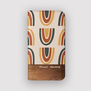 Abstrakt Regenbogen Retro Geldbörse Hülle | Regenbogen Vegan Ledertasche | Passend für iPhone 16, 15, 14, 13, Samsung Galaxy S25, S24, S23, S22