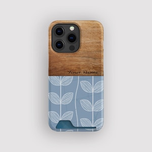 Moderne blauwe botanische kaarthouder | Line Art-opbergdoos voor kaarten | Geschikt voor iPhone 16, 15 Pro Max, 14, 13 Mini, Samsung Galaxy S22, S21 Plus