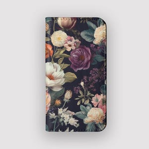 Funda billetera vintage con estampado floral blanco / Funda tipo libro de piel vegana con estampado floral / Compatible con iPhone 16, 15, 14 y 13, y Samsung Galaxy S25, S24, S23 y S22