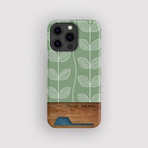 Moderne groene botanische kaarthouder | Sketch-kaarthouder | Geschikt voor iPhone 16, 15 Pro Max, 14, 13 Mini, Samsung Galaxy S22, S21 Plus
